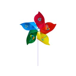 A colourful five-leaf pinwheel featuring red, blue, green, and yellow blades, mounted on a white stick.