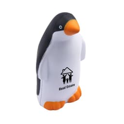 A penguin-shaped stress reliever in black, white, and orange with a logo on the front.