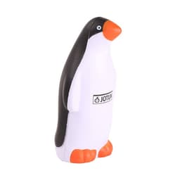 A penguin-shaped stress reliever in black, white, and orange, featuring a logo. Perfect for stress relief.