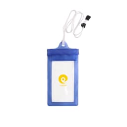 A blue waterproof phone bag with a neck string and a logo, designed for protecting devices from water.