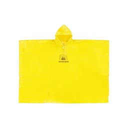 A yellow PEVA rain poncho with a hood, featuring a logo at the centre. Suitable for outdoor use.