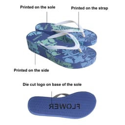 A pair of blue rubber thongs with floral patterns, featuring printed designs on the sole and straps.
