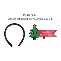 A glossy coated top headband in black with an unassembled festive decoration featuring a Christmas tree and a "Happy New Year" banner.