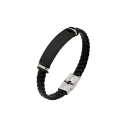 A braided black leather bracelet with a flat black centre piece and a silver clasp, featuring a logo.
