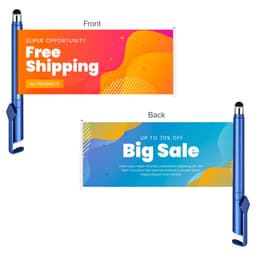 A blue pen with a dual-sided banner displaying promotional messages in orange and blue gradients. Features a logo.