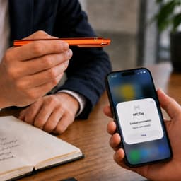 An orange NFC touchscreen ballpoint pen is held above a smartphone displaying an NFC tag notification.