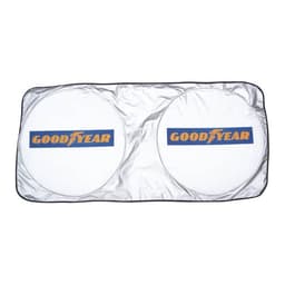 A foldable car shade featuring two circular panels in white with a logo design. The edges are silver.