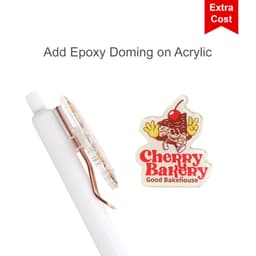 A custom acrylic pen in white with a clear barrel and a decorative logo featuring a bakery theme.