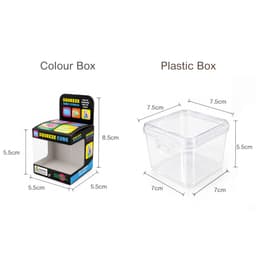 A colourful cube stress relief toy displayed in a plastic box, with dimensions noted for both the cube and the packaging.