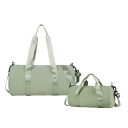 A light green bucket duffle bag with wide straps, featuring both a large and a smaller bag with handles.