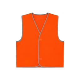 An orange safety vest with reflective trim and a Velcro placket, featuring no sleeves and a simple design.