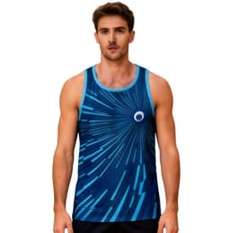 A blue and turquoise 100% polyester sublimated singlet featuring a dynamic design and a logo.