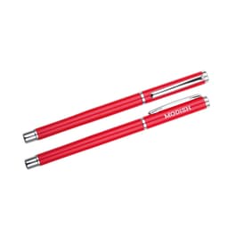A pair of red aluminum gel pens with silver accents. One pen features a logo.