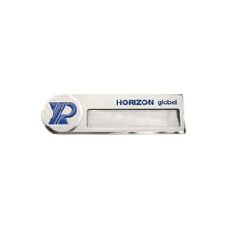 A silver metal name badge with a blue logo, featuring a clear section for displaying names.