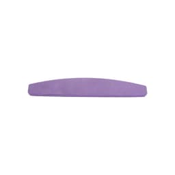 A purple half moon shaped nail file with a smooth surface and rounded edges. It features a logo on one side.
