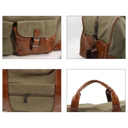 A vintage canvas duffle bag in olive green with brown leather accents and multiple pockets. Features sturdy handles.