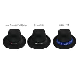 A black mesh breathable top hat featuring different printing options and designs along the band.