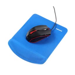 A blue rectangular gel pad with a black gaming mouse resting on it, featuring a curved wrist support and branding.