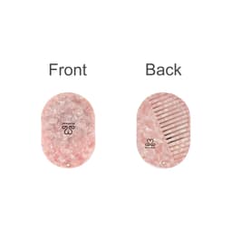 A portable acetate hair comb in pink with a mirror, featuring a front and back design. It has a logo.