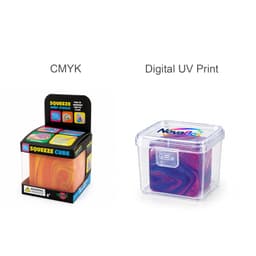 A colourful cube stress relief toy in a clear box, featuring vibrant swirls of purple, pink, and yellow.