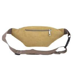 A canvas waist bag in mustard yellow with a zippered front pocket and an adjustable brown strap.
