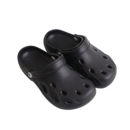 Black Clog Slides featuring a perforated design and a structured heel strap. Includes a logo on the side.