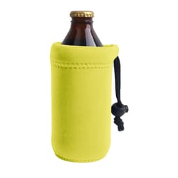 A drink bottle holder in bright yellow, featuring a secure fit and drawstring closure. It has a logo on the side.