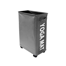 A grey laundry basket with wheels, featuring a handle and a logo on the side.