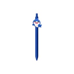 A blue PVC pen featuring a cheerful shark design on the top, with a clip for easy attachment.