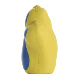 A yellow and blue dog paw-shaped stress reliever with a smooth, textured surface. It features a logo.