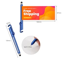A blue banner pen with a retractable banner displaying vibrant colours and dimensions noted. Includes a logo.