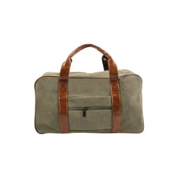 A vintage canvas duffle bag in olive green with brown leather handles and a zippered front pocket.