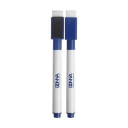 Two blue and white magnetic whiteboard markers with cap erasers at one end and a logo on the side.