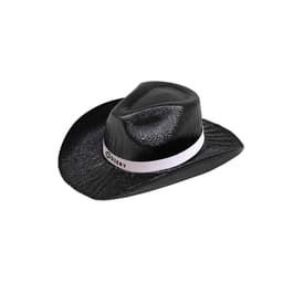 An iridescent black cowboy hat with a white band and textured surface, featuring a logo on the band.
