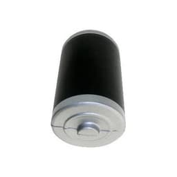 A battery-shaped stress reliever in black and silver, featuring a metallic base and a smooth surface.