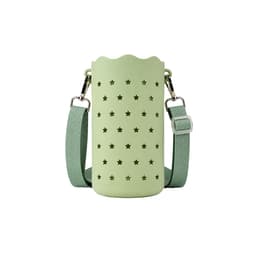 A drink bottle bag in light green silicone with star cut-outs and an adjustable strap. It features a branding logo.