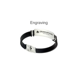 A colour engraved bracelet featuring a silver metal plate with a black band and a clasp. The bracelet includes a logo.