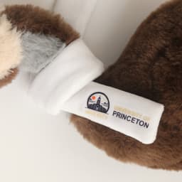 A brown plush emu toy with grey and beige accents, featuring a logo on its white arm band.