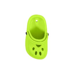 A lime green clog shoe-shaped charm with ventilation holes and a top button detail.