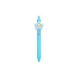 A blue pen with a flower-shaped top and a yellow smiling face, featuring a clip. It has a logo on the barrel.