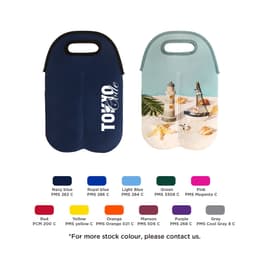 A neoprene double beer bottle carrier in navy and light blue, featuring a lighthouse graphic and a logo.