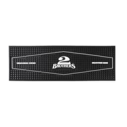 A black moulded PVC bar runner with textured surface and a logo in the centre.