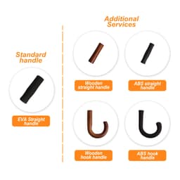 A collection of golf umbrella handles, including EVA, wooden, and ABS options in various styles and colours.
