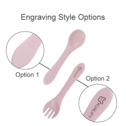 Two pieces of pink silicone cutlery, including a spoon and fork, with an engraved logo on each piece.