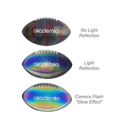 A holographic glowing American football featuring a reflective surface in multiple colours and a logo.