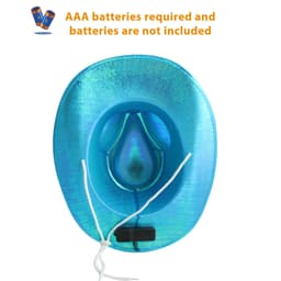A blue light-up cowboy hat with a shiny finish and an interior battery compartment.
