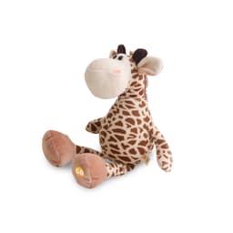 A plush giraffe toy with a spotted tan and brown body, soft fabric, and a friendly face. It features a logo.