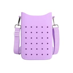 A purple silicone phone bag with holes, featuring a strap and a simple, modern design.