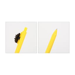 A yellow pen with a wheel-shaped feature on one end and a fine tip on the other. It has a branding logo.