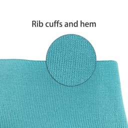 A close-up of the rib cuffs and hem of a blue polyester fabric.